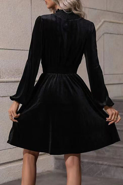 Black Collar Solid Color Velvet Long Sleeve Dress