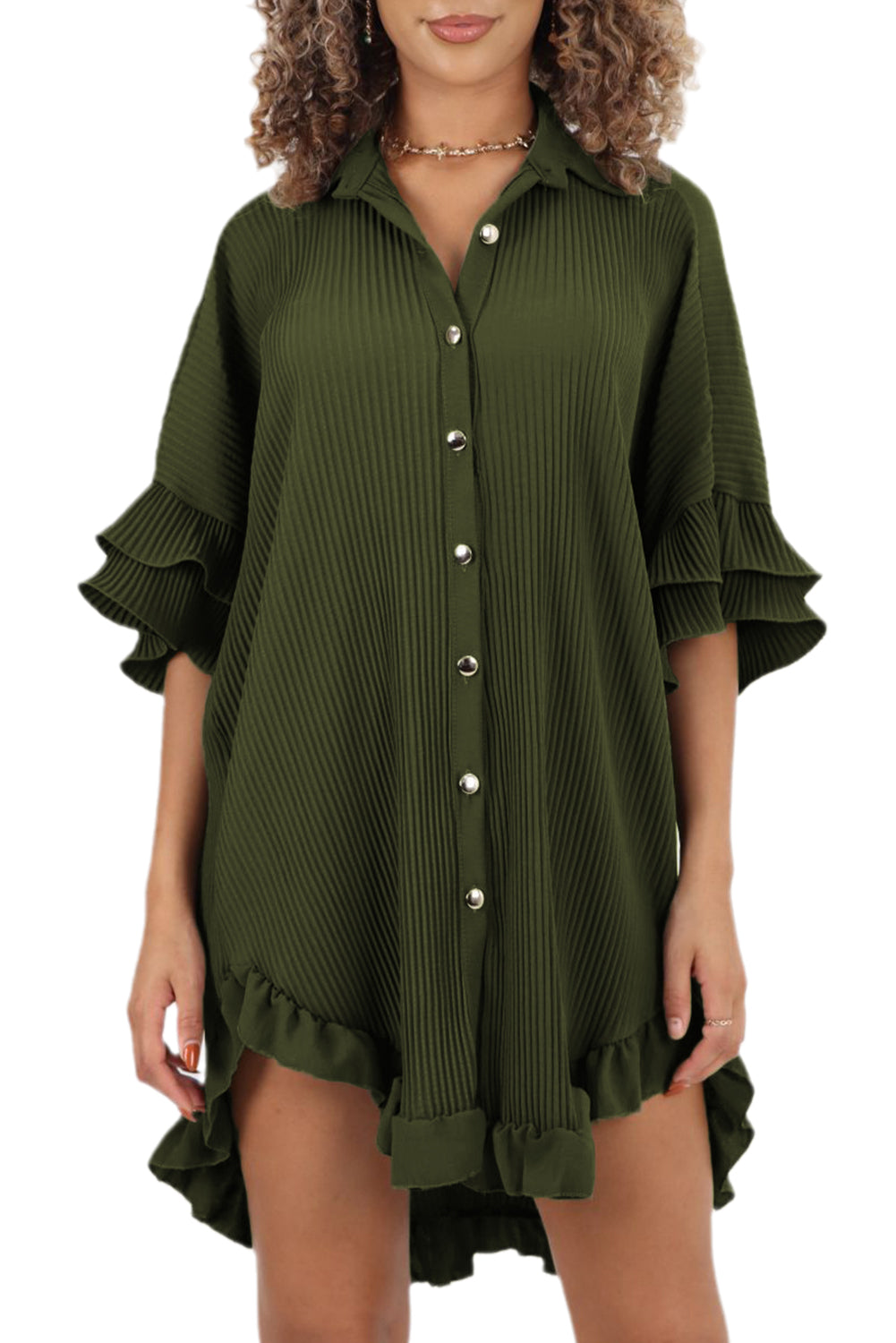 Moss Green Pleated Ruffle Sleeve Oversized Shirt Dress
