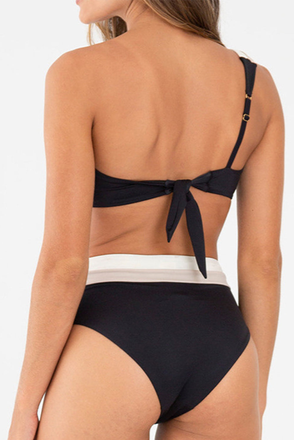 Black Triple Tones Colorblock One Shoulder High Waist Bikini