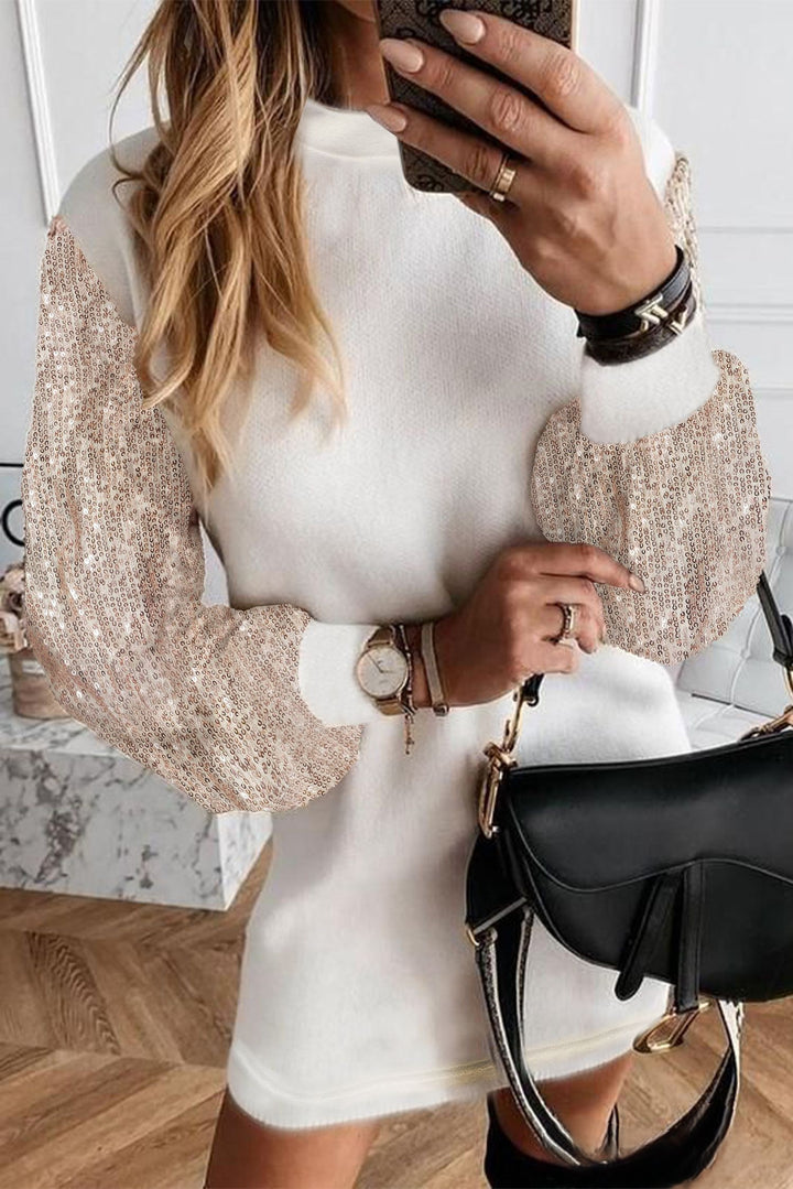 White Sequin Splicing Sleeve Knit Mini Dress