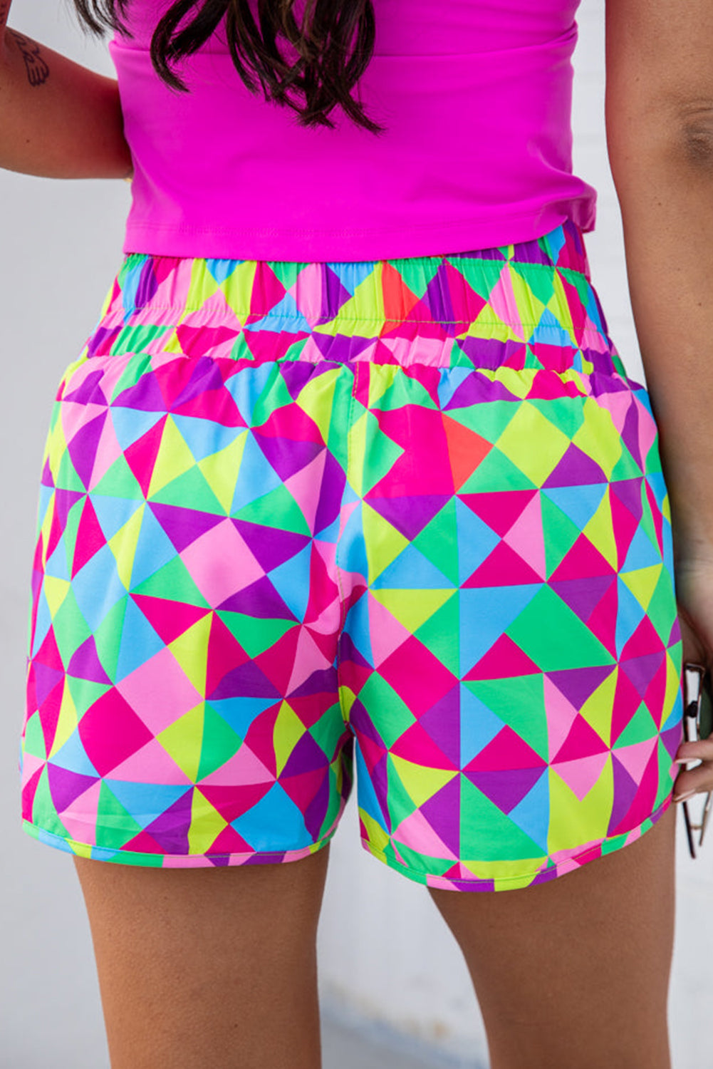 Pink Plaid Print High Waisted Athletic Shorts