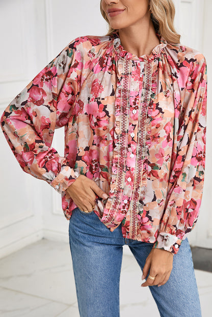 Red Floral Print Frill Stitch Buttoned Loose Fit Shirt