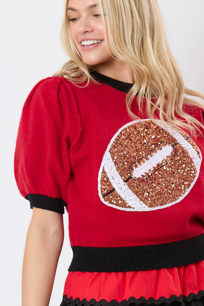 Sequin Rugby Color Block Puff Sleeve Knit Top