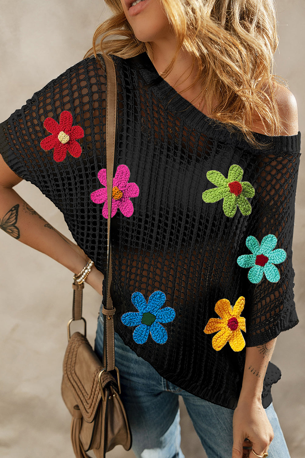 Light Beige Hollowed Crochet Colorful Flower Loose Knit T Shirt