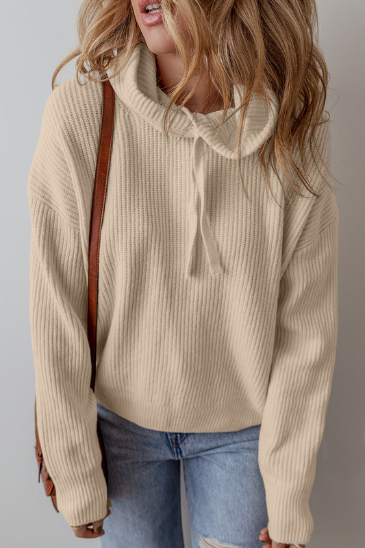 Beige Plain Drawstring Hooded Drop Shoulder Pullover Sweater