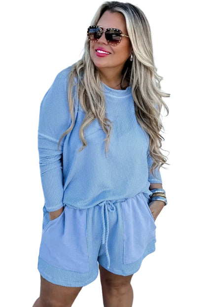 Light Blue Ribbed Long Sleeve Top and Drawstring Shorts Set