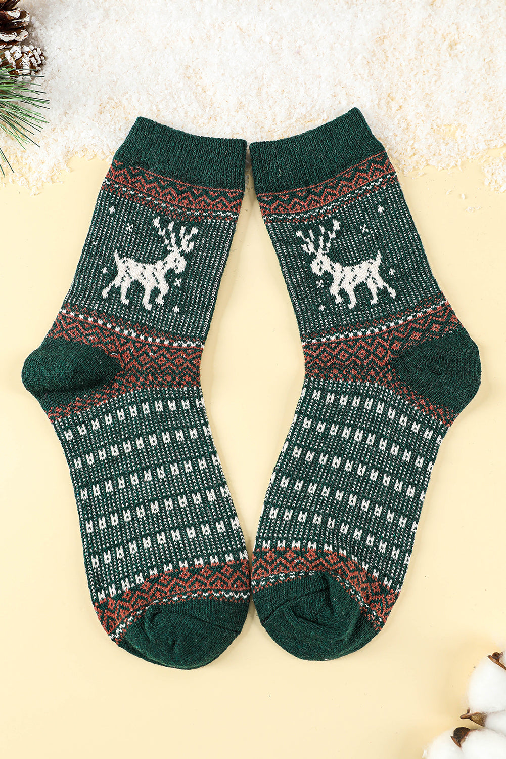 Blackish Green 5 Pairs Christmas Reindeer Soft Crew Socks