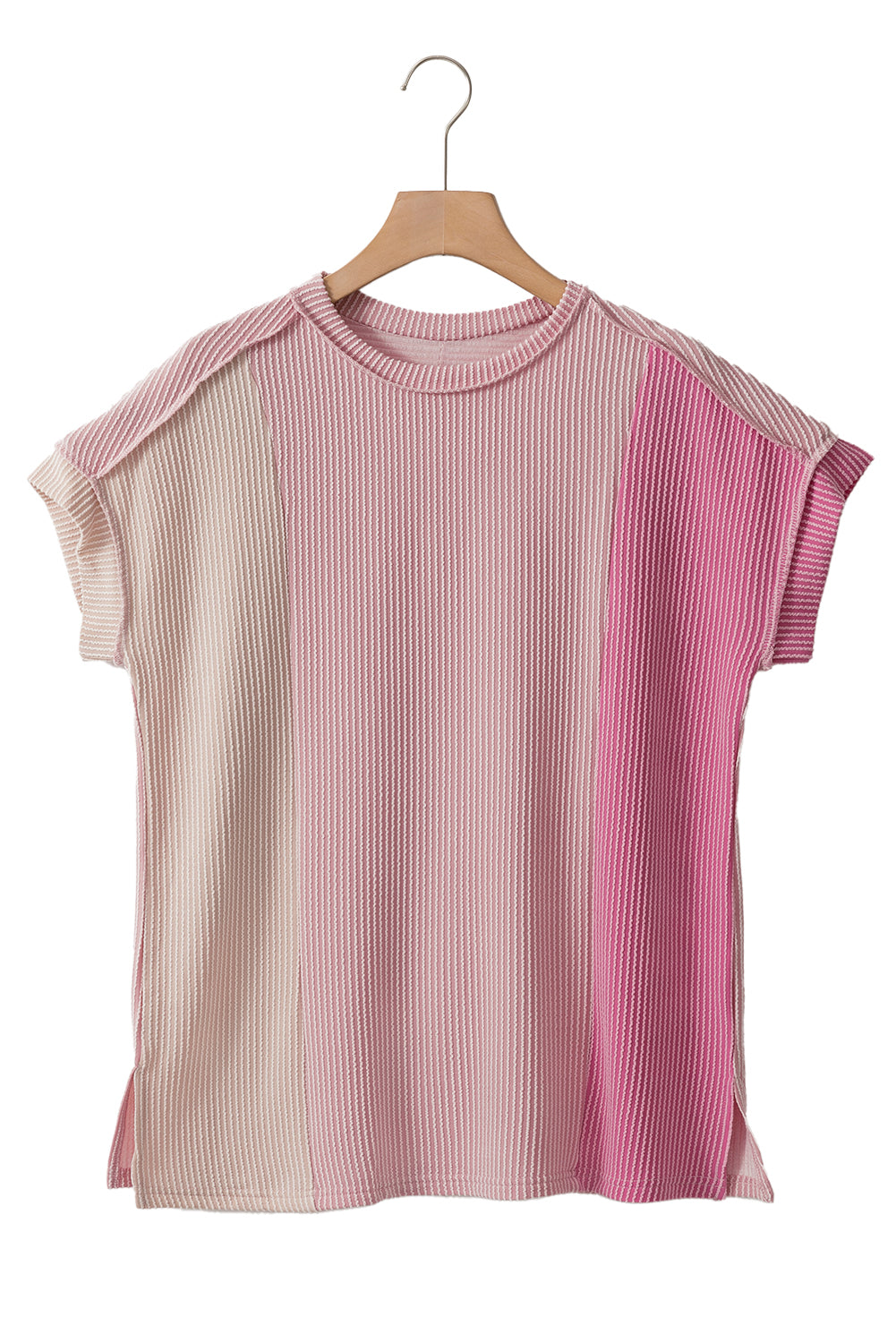 Apricot Pink Colorblock Ribbed Round Neck T Shirt