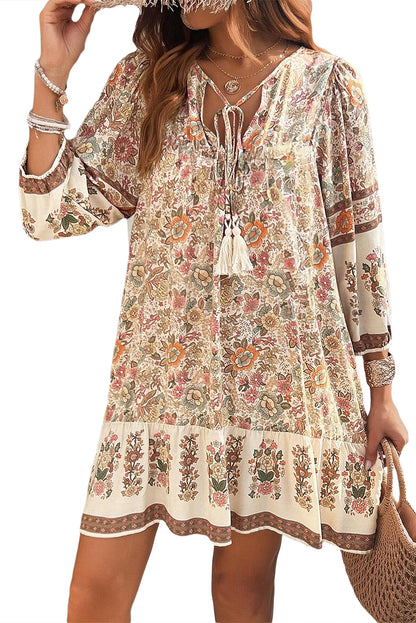 Apricot Floral Print Tassel Drawstring V Neck Loose Mini Dress