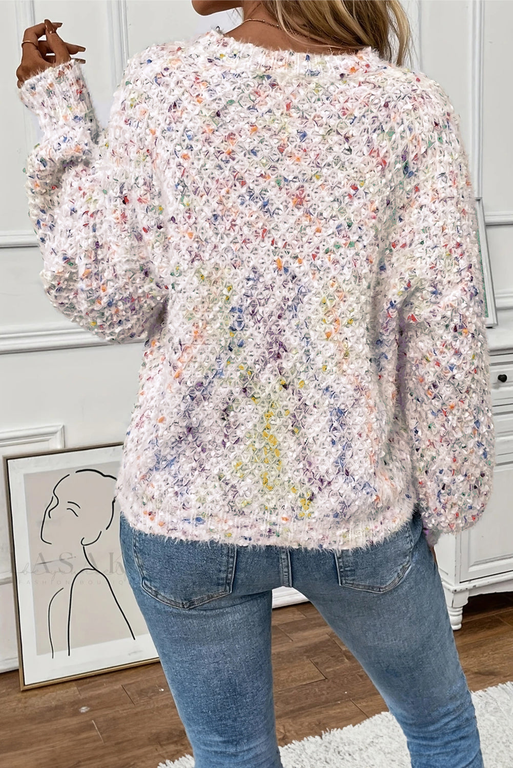White Colorful Confetti Knit Lantern Sleeve Sweater