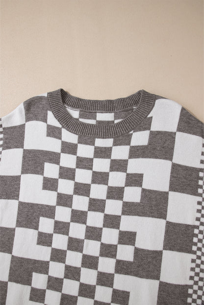 Khaki Checkered Drop Shoulder Round Neck Sweater