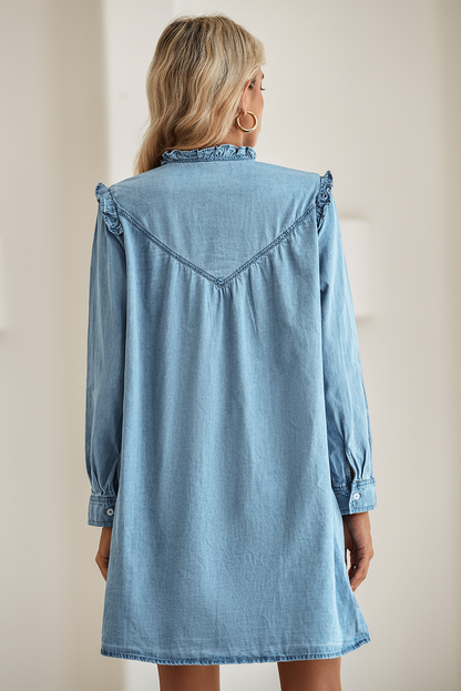 Myosotis Frill V Neck Buttoned Denim Dress