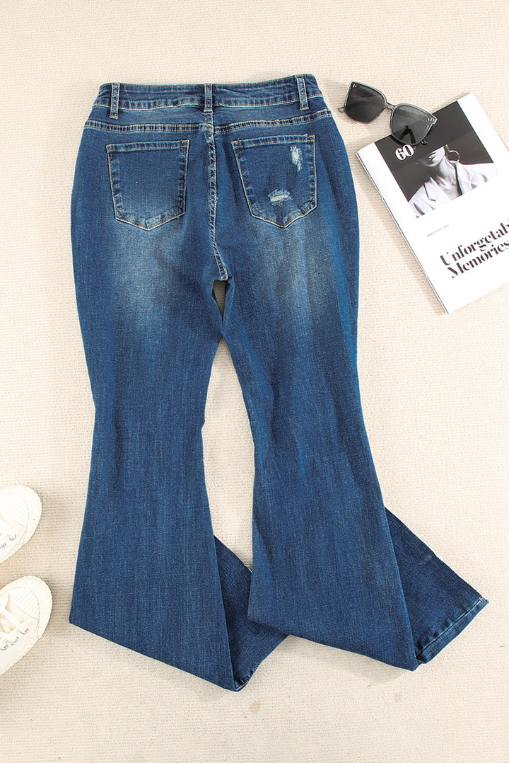 Dark Blue Wash Ripped Mid Rise Flare Jeans