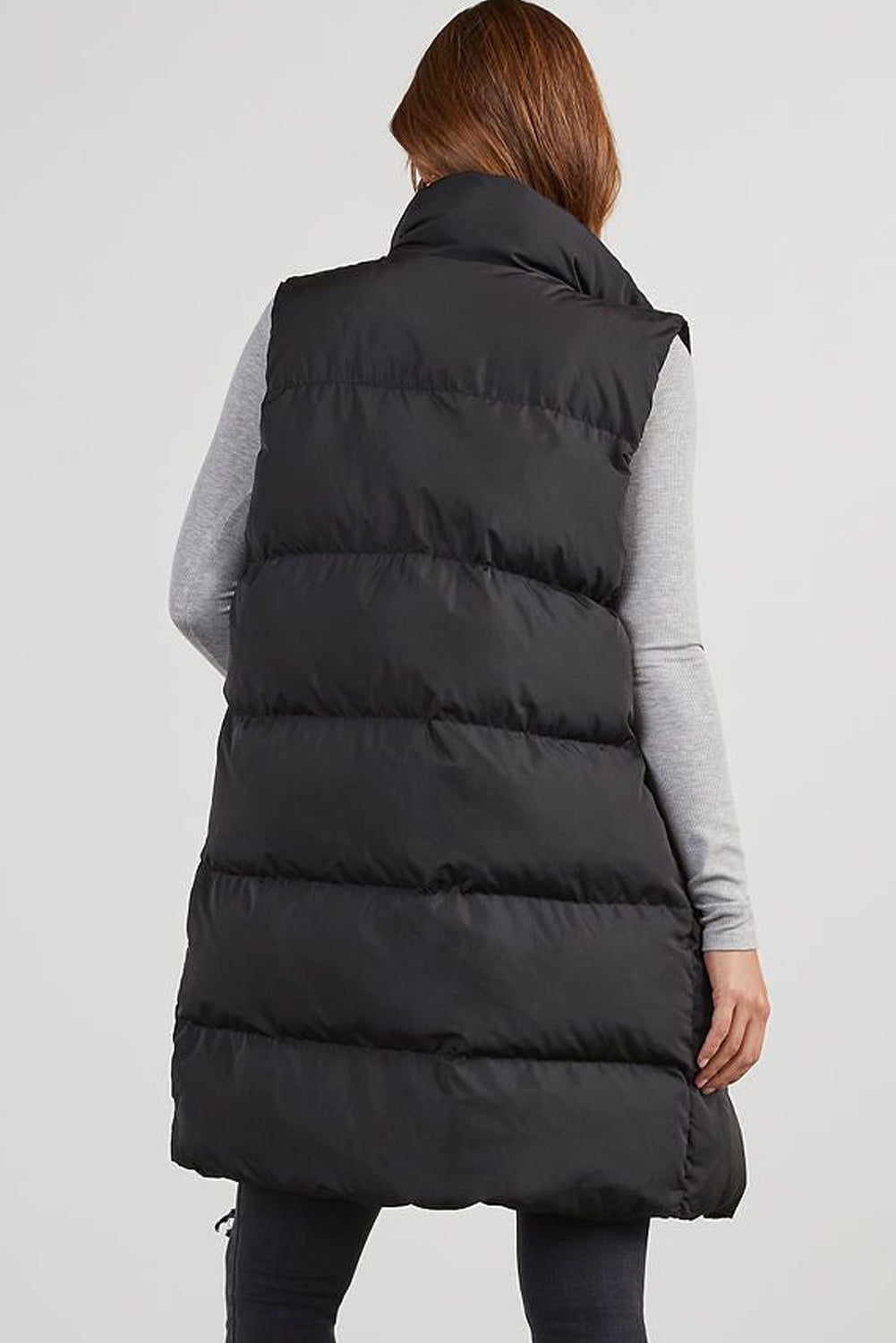Black Solid Color Puffer Zip Up Pocketed Vest Coat