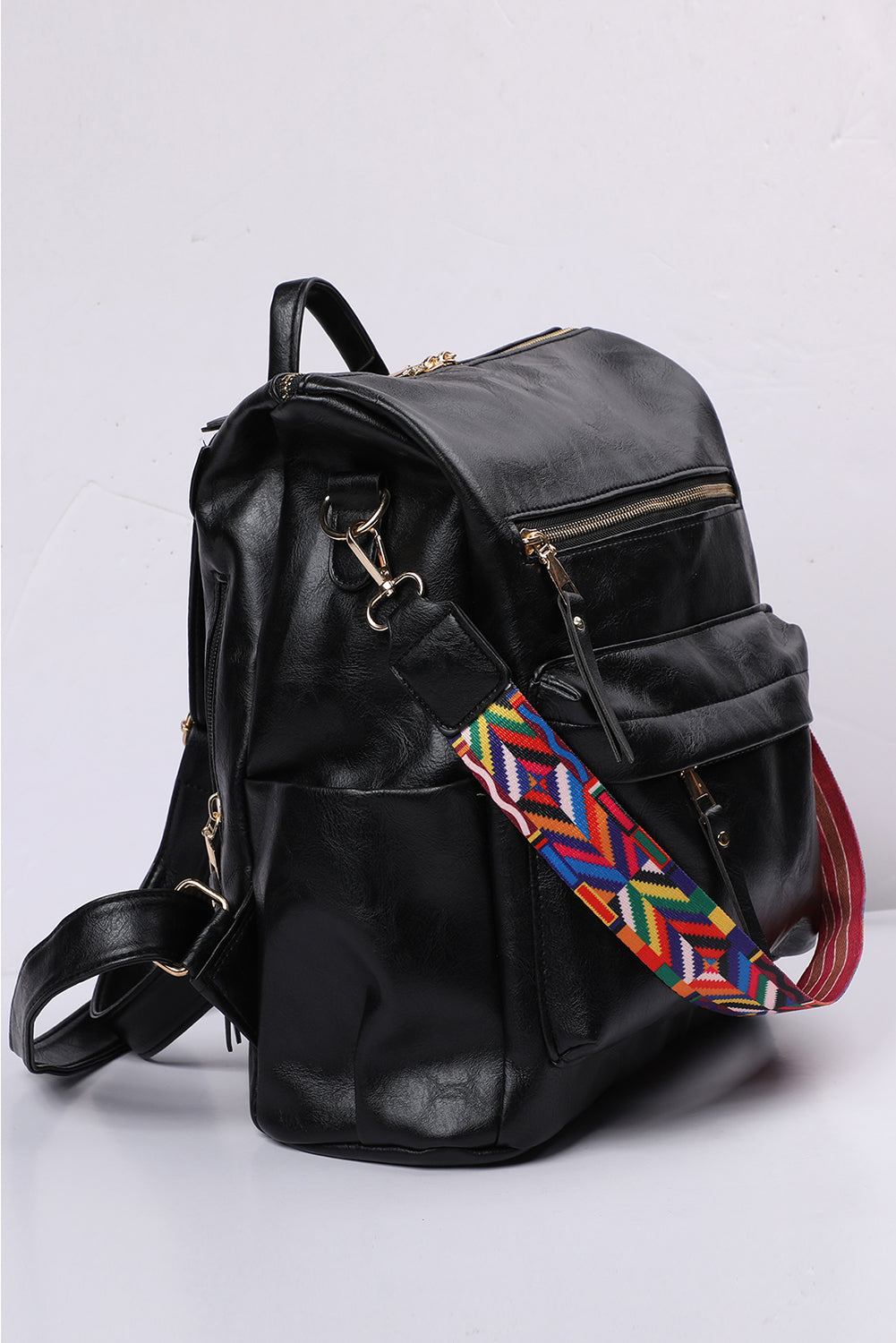 Black Geometric Crochet Strap PU Leather Large Backpack