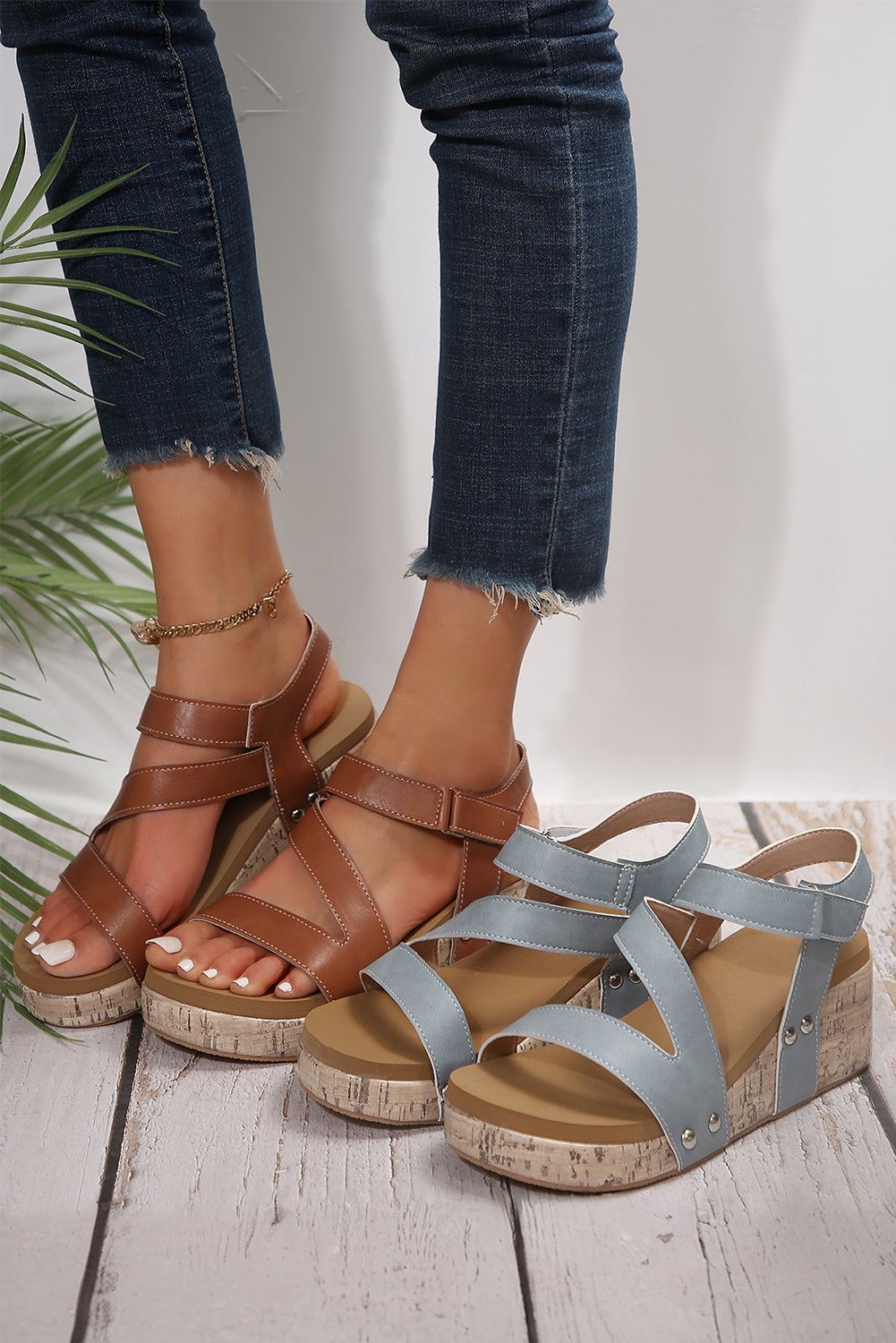 Velcro Leather Wedge Sandals