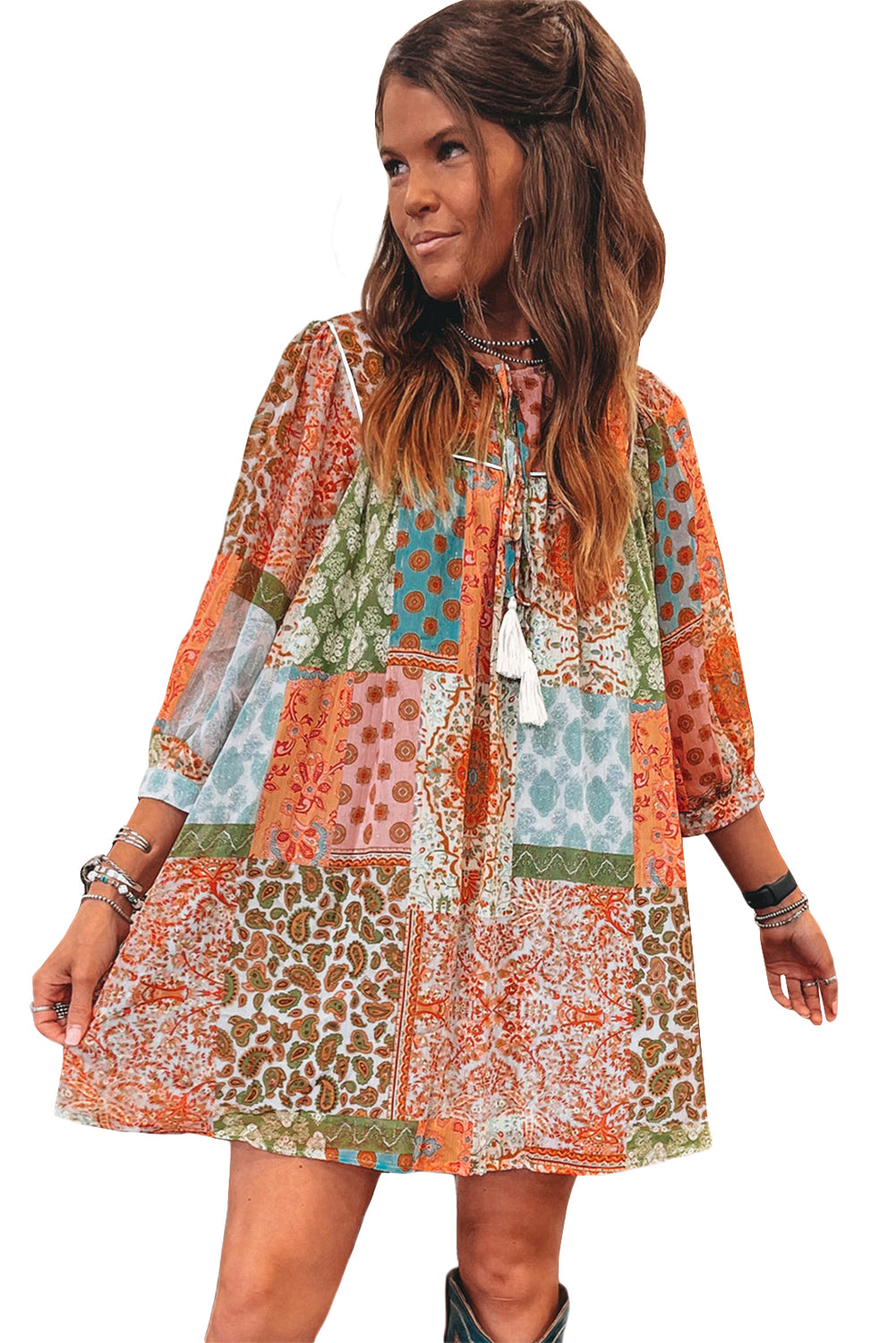 Orange Boho Paisley Mixed Print 3/4 Sleeve Chiffon Loose Dress