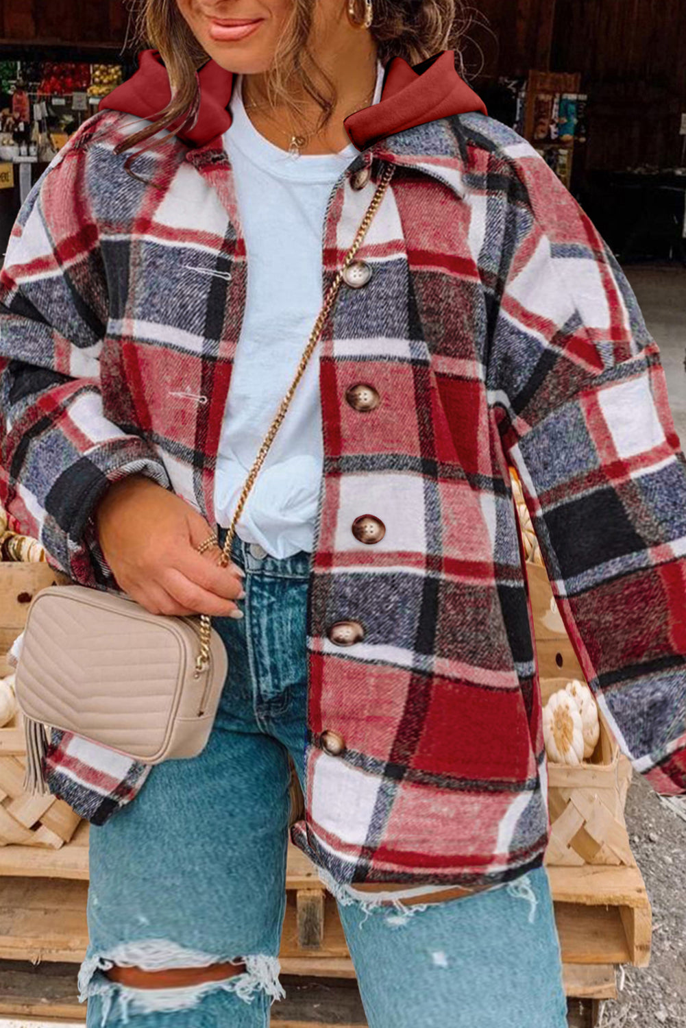 Red Plus Size Plaid Button Up Hooded Jacket