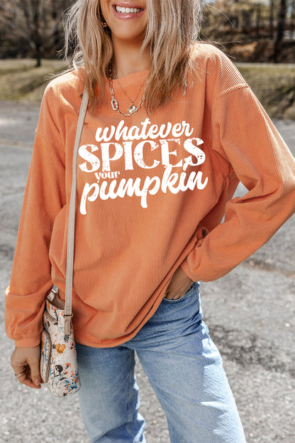 Orange Crinkle Rib Whatever Spices Your Pumpkin Graphic Sweatshirt