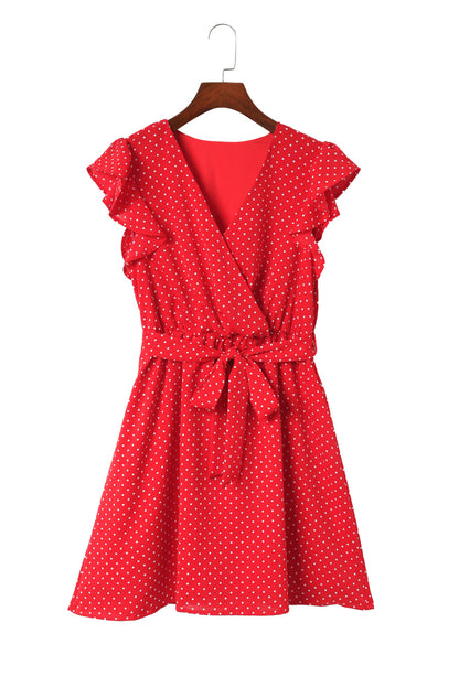 Red Polka Dot V Neck Ruffle Shoulder Short Dress