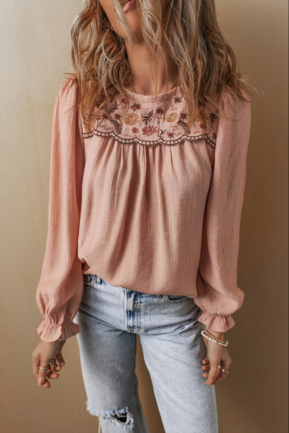 Gossamer Pink Floral Embroidered Crinkle Blouse