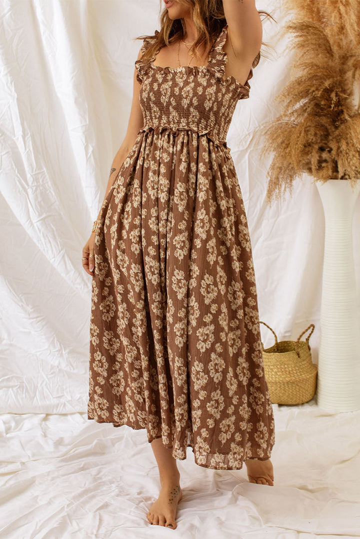 Brown Floral Print Casual Ruffle Straps Smocked Midi Dress