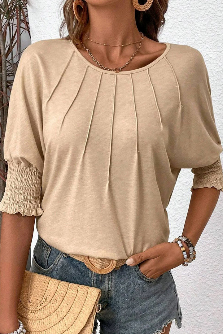 Apricot Solid Color Smocked Cuffs Dolman Blouse