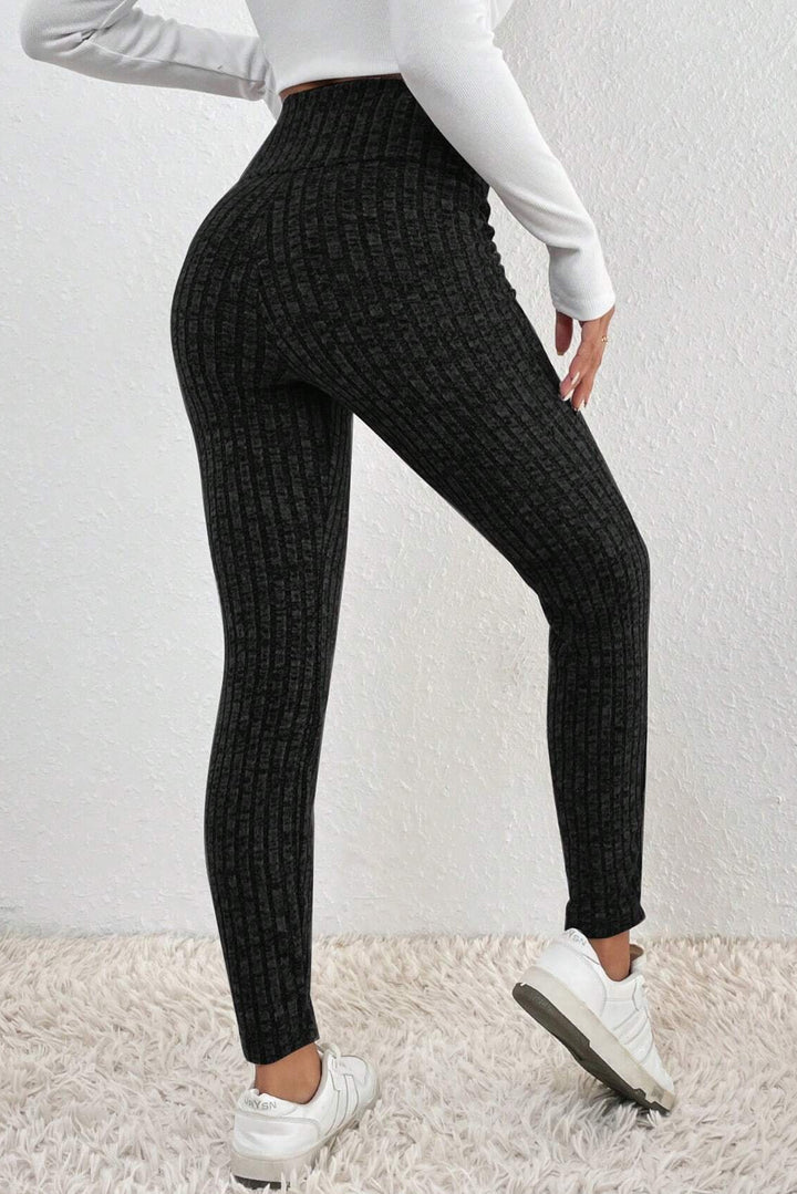 Gray Wide Waistband Ribbed Textured Knit Leggings