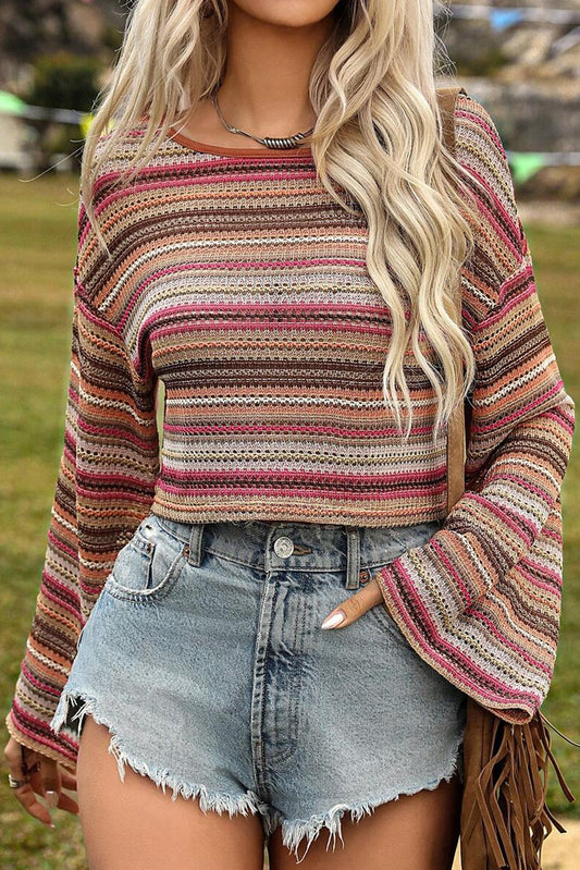 Rose Red Ethnic Striped Cropped Long Sleeve Top