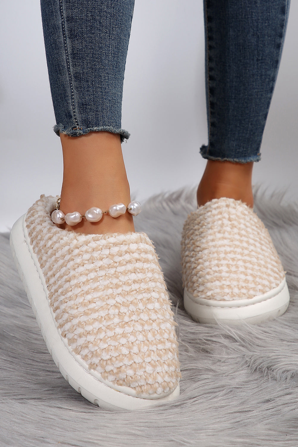 Apricot Two-tone Knitted Warm Homewear Slippers
