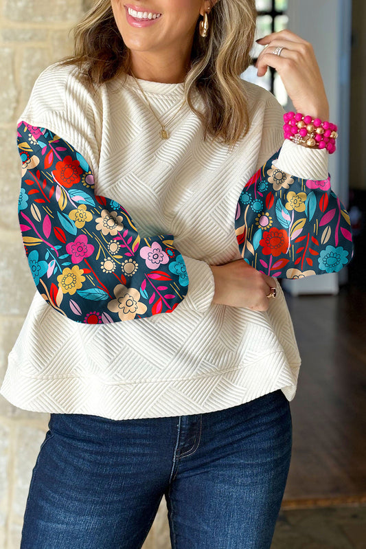 White Vintage Flower Patchwork Sleeve Textured Top