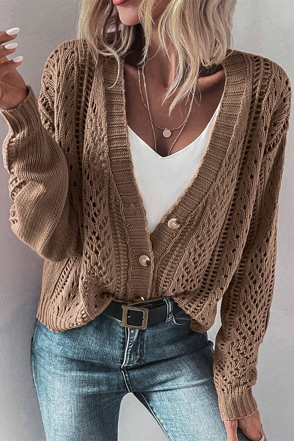 Dark Khaki Hollow Knit Drop Shoulder Cardigan