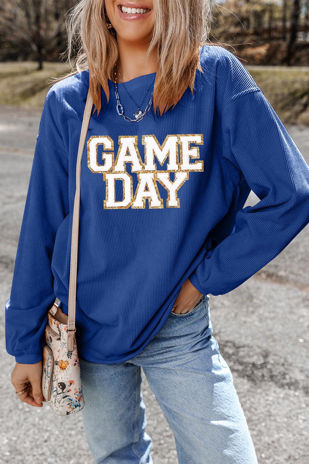 Dark Blue GAME DAY Glitter Detail Graphic Drop Shoulder Sweatshirt