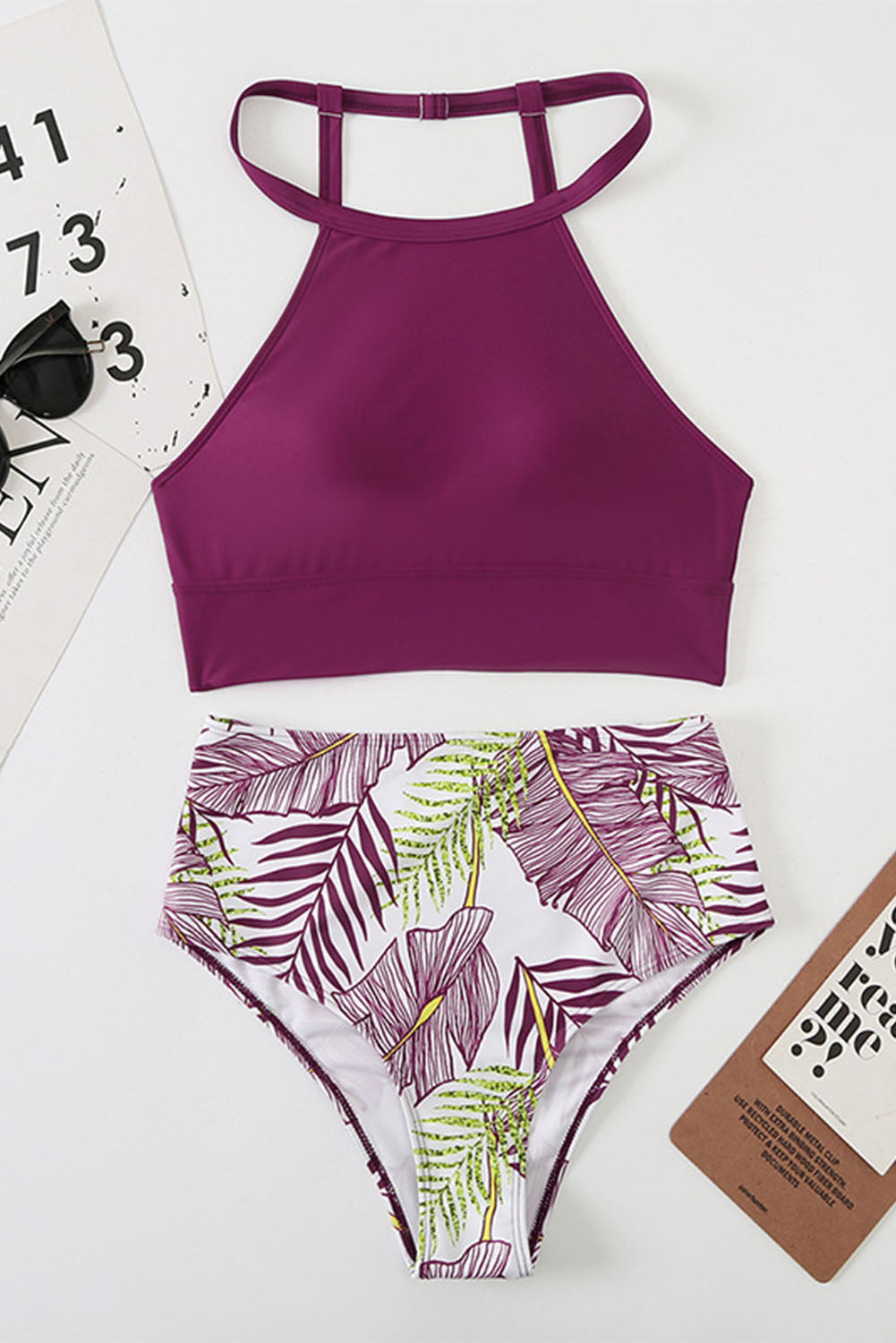 Tropical Print Back Split Color Block High Waisted Swimsuit