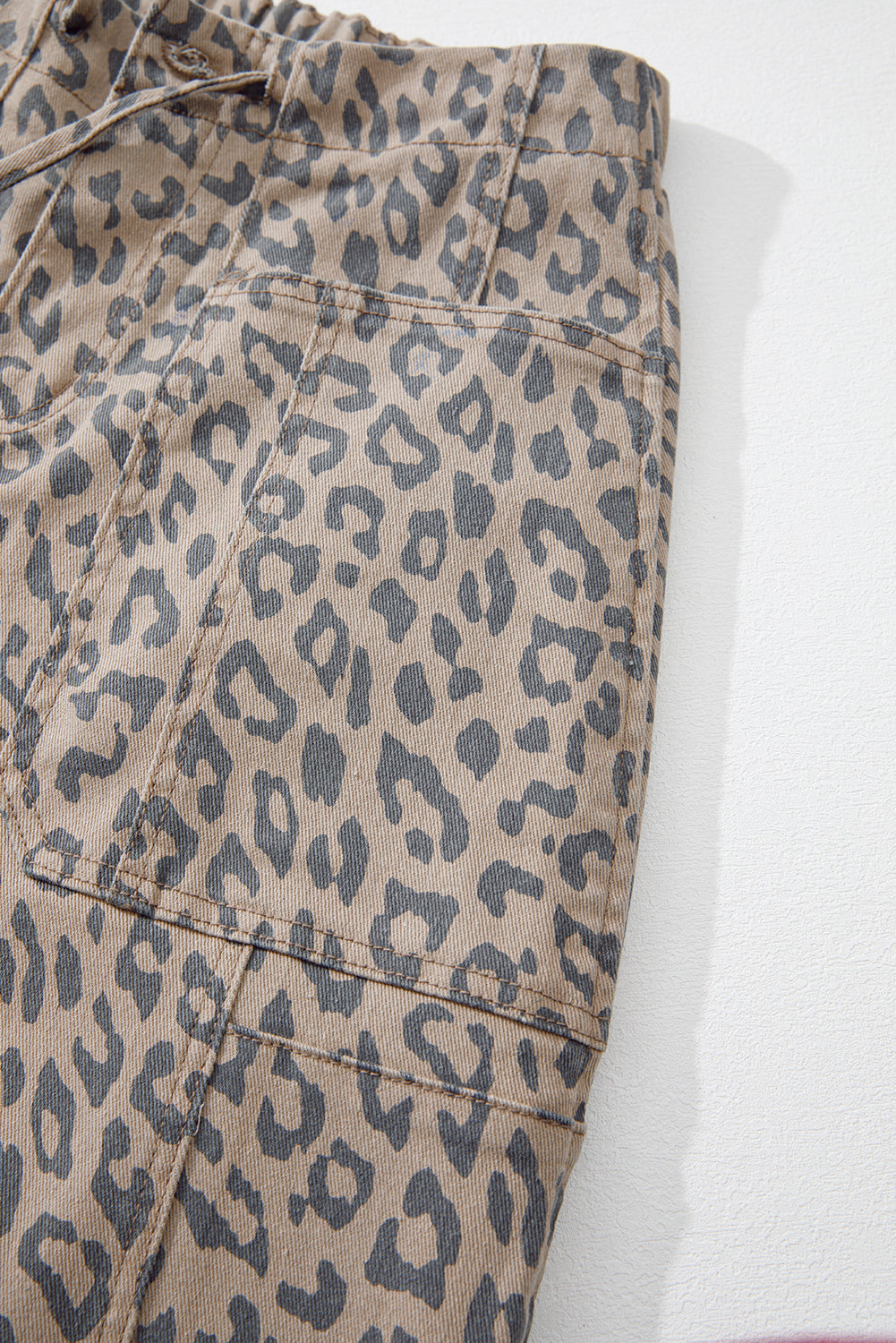 Khaki Leopard Print Drawstring Waist Pocketed Wide Leg Jeans