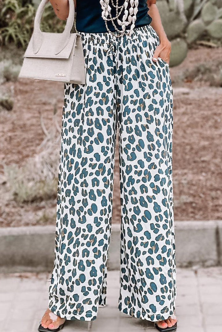 White Leopard Print Casual Drawstring Pocketed Wide Leg Pants