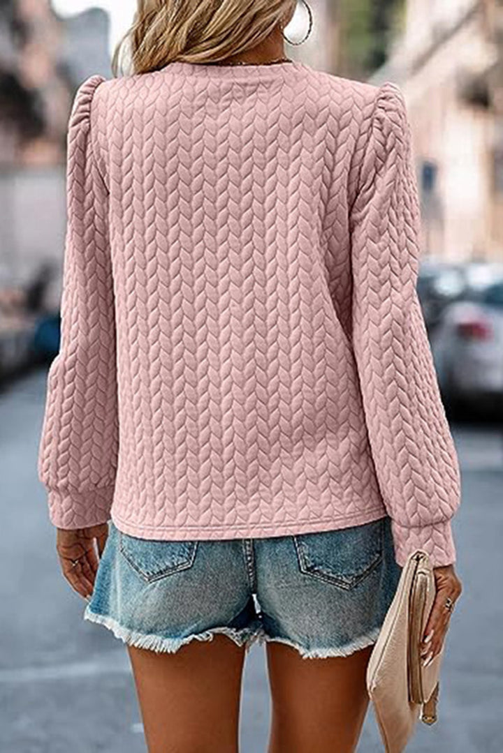 Light Pink Waffle Quilted Puff Sleeve Sweatshirt