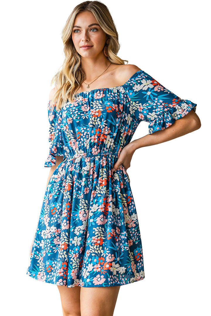 Dark Blue Bohemian Floral Print Off Shoulder Short Dress