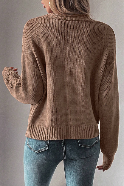 Dark Khaki Hollow Knit Drop Shoulder Cardigan