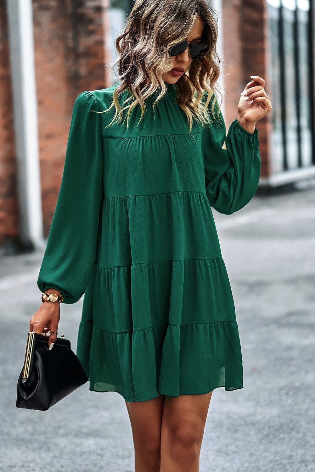 Green Mock Neck Solid Color Pleated Mini Dress