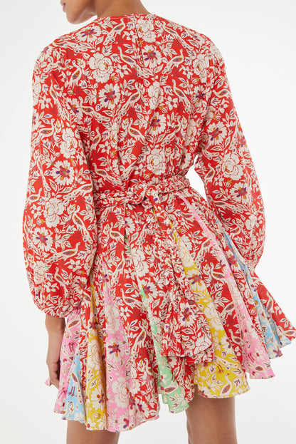 Red Boho Floral Patchwork Long Sleeve Pleated Dress