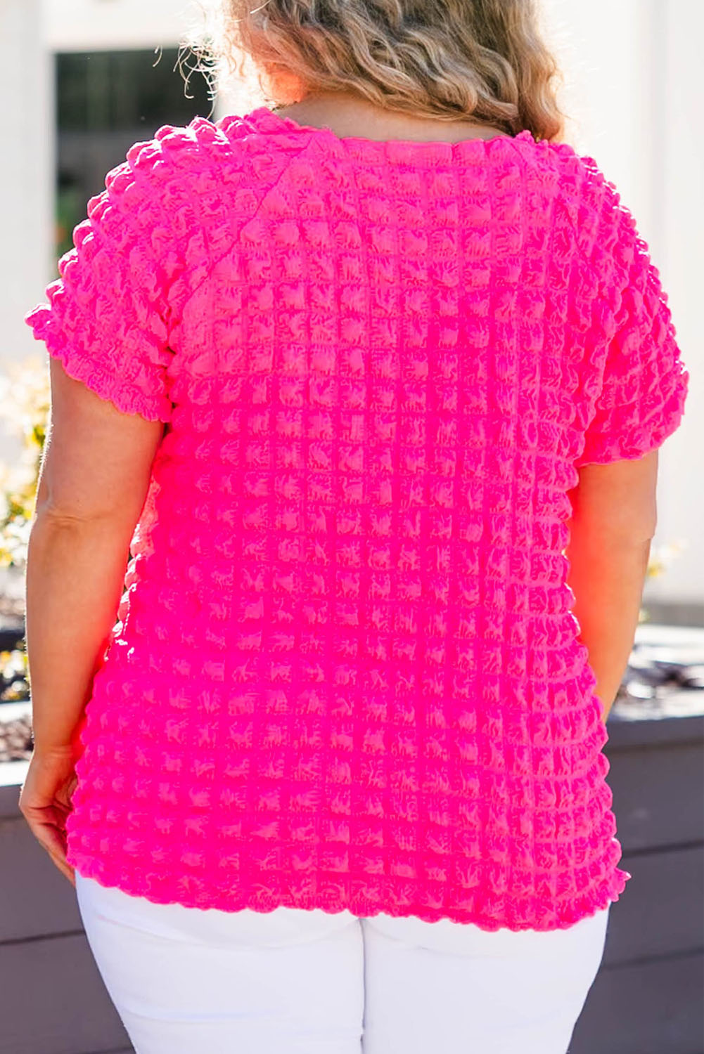 Strawberry Pink Bubble Textured Scoop Neck Plus Size Top