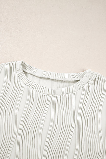 White Wavy Textured Solid Color Drop Shoulder Pullover Top