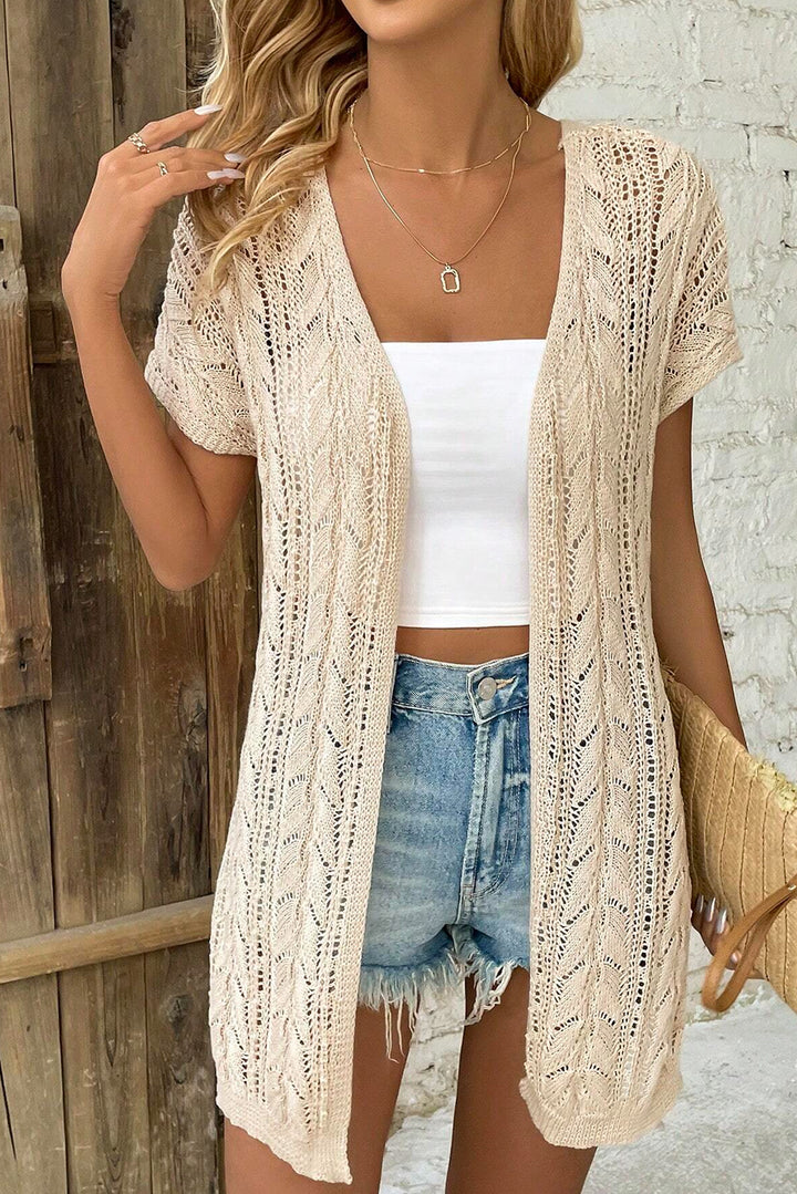 Apricot Hollowed Knit Short Sleeve Vacation Cardigan