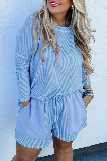 Light Blue Ribbed Long Sleeve Top and Drawstring Shorts Set