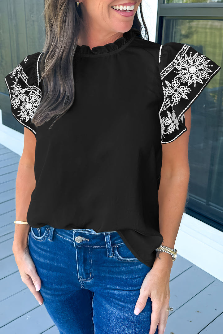 Black Embroidered Ruffled Sleeve Frill Neck Blouse