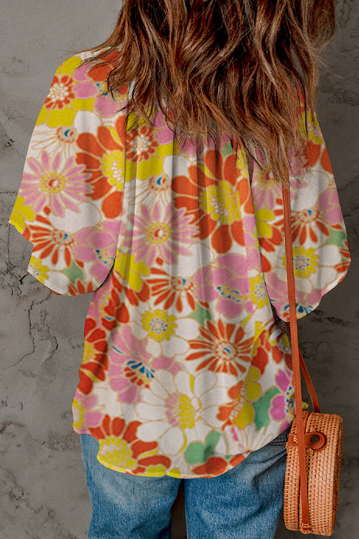 Orange Floral Print V Neck Flutter Sleeve Blouse for Women