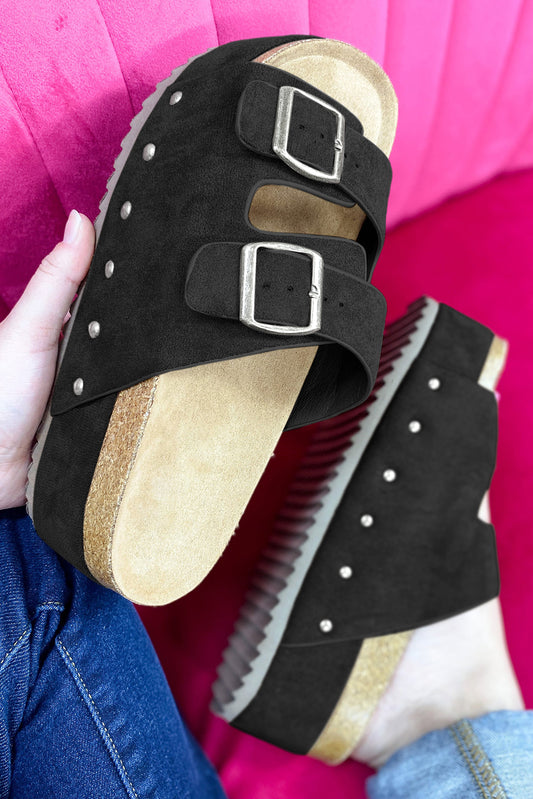 Black Suede Buckle Decor Corky Platform Slippers