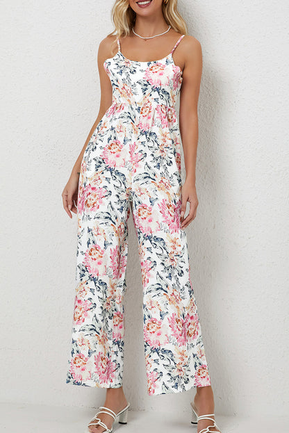 Orange Floral Spaghetti Straps Wide Leg Jumpsuit