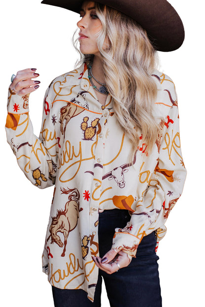 Beige Howdy Animal Pattern Button Up Shirt